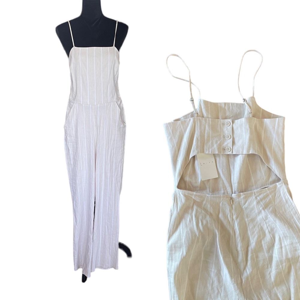 Leith NWT linen blend neutral beige ontrend sleeveless open back jumpsuit small